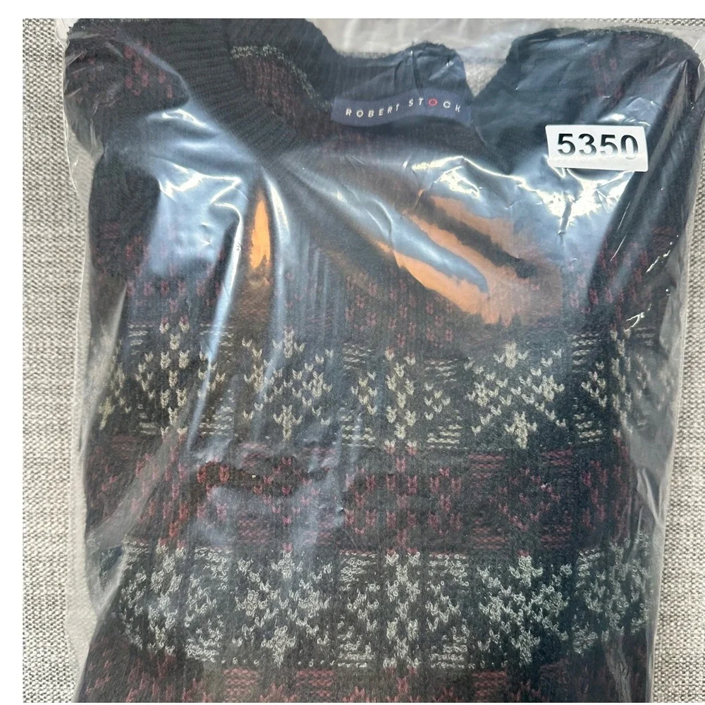 Robert Stock Sweater Mens Large Black Burgundy Fair Isle Vintage  Knit